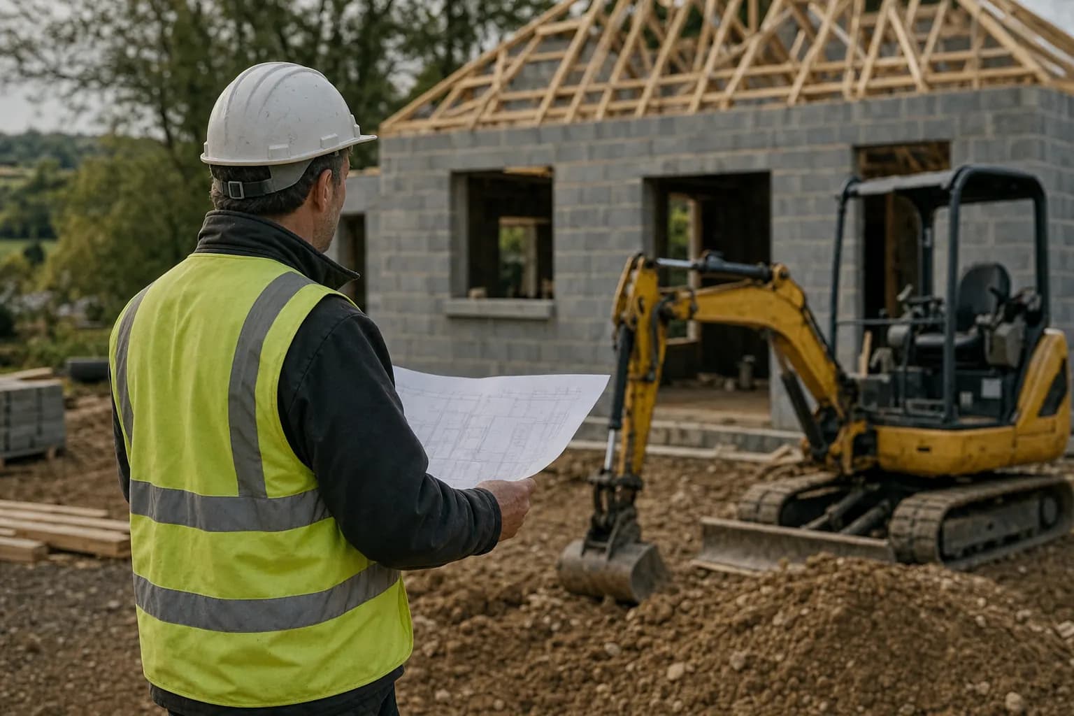 Artisan du bâtiment vu de dos, travaillant sur un chantier de rénovation