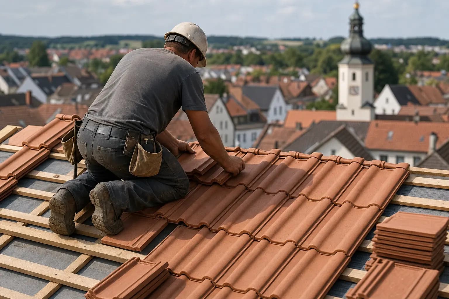 Dachdecker bei der Arbeit auf einem Dach, von hinten fotografiert
