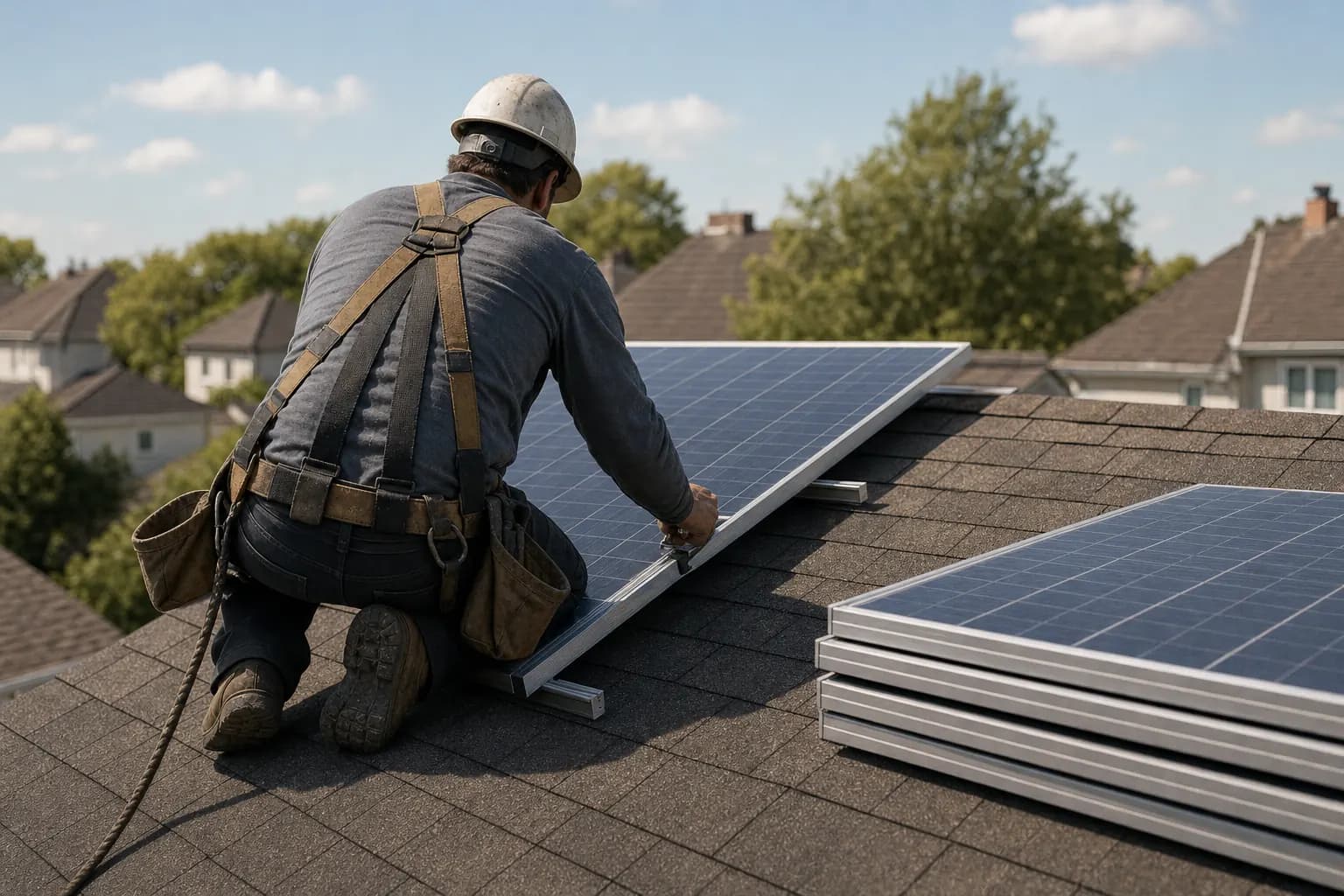 Installatore fotovoltaico di spalle al lavoro su un impianto solare
