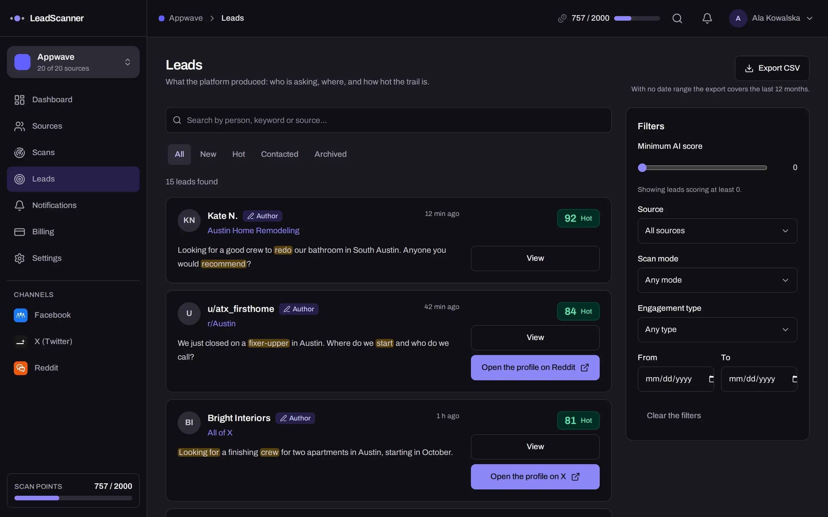The lead list in LeadScanner: enquiries from Facebook, Reddit and X, each with a score and the phrase that matched it highlighted.