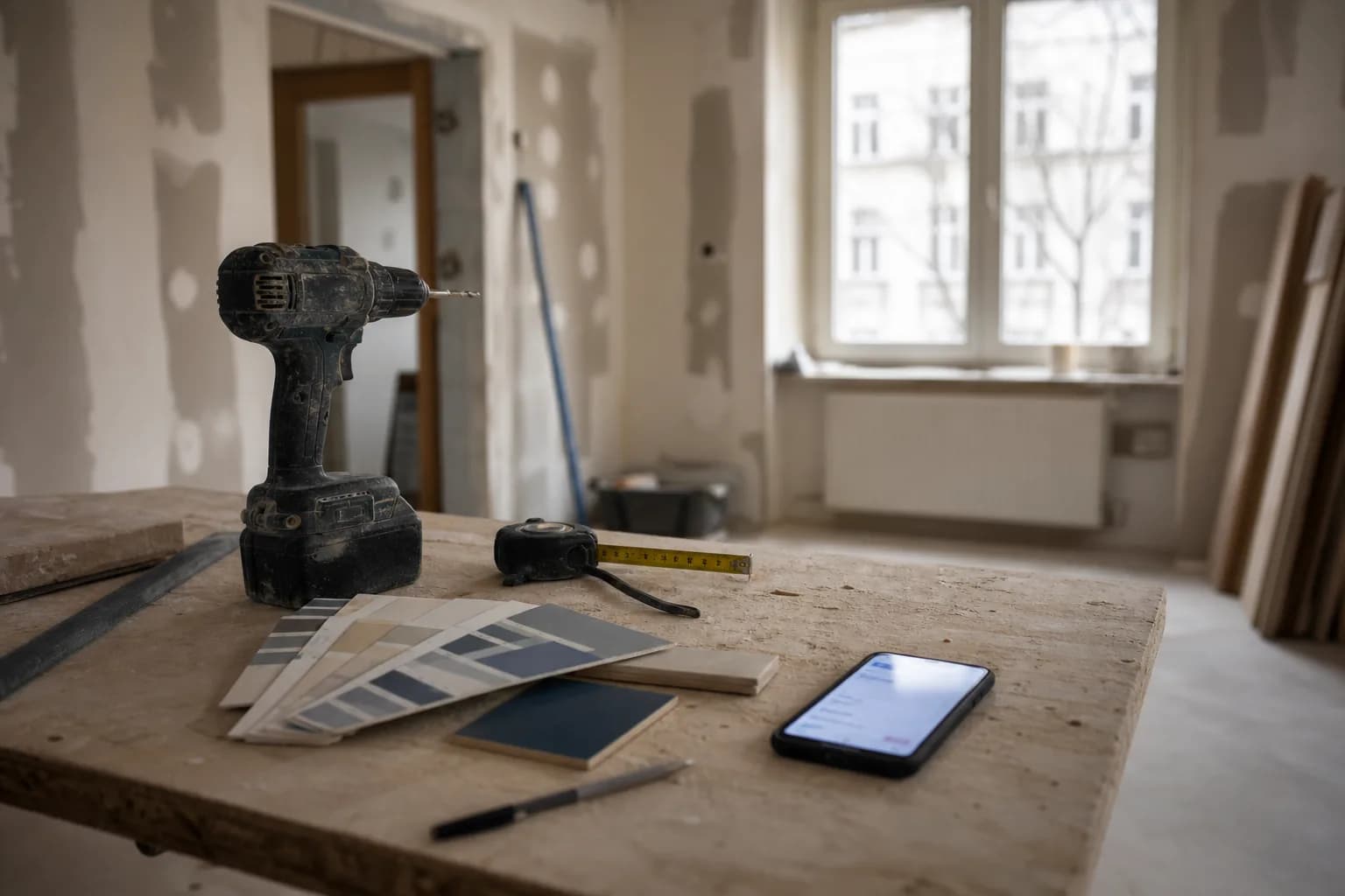 A renovation crew's work table in a half-finished apartment: cordless drill, tape measure, paint swatches, and a face-up phone with a softly glowing blurred screen, morning light at a bare window, no people.